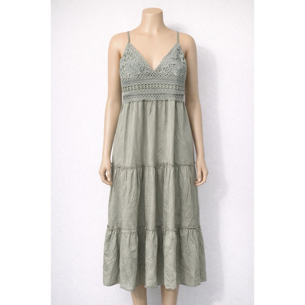 Romwe Boho Lace Midi‎ Dress Womens L Sage Green Tiered Cottagecore